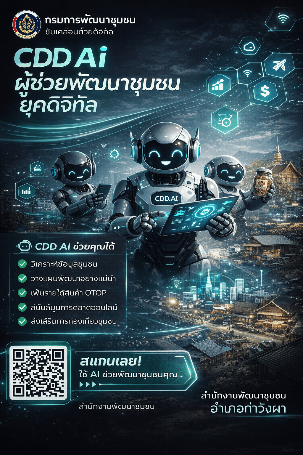 สำนักงานพัฒนาชุมชนอำเภอท่าวังผา ขอเชิญชวน หน่วยงานและผู้สนใจทั่วไป ใช้งานระบบ CDD AI แพลตฟอร์มผู้ช่วยอัจฉริยะของกรมการพัฒนาชุมชน
